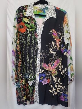 John Mark Womens Tunic  Top  Floral Birds Buttons Up Bohemian Side Slits Size L